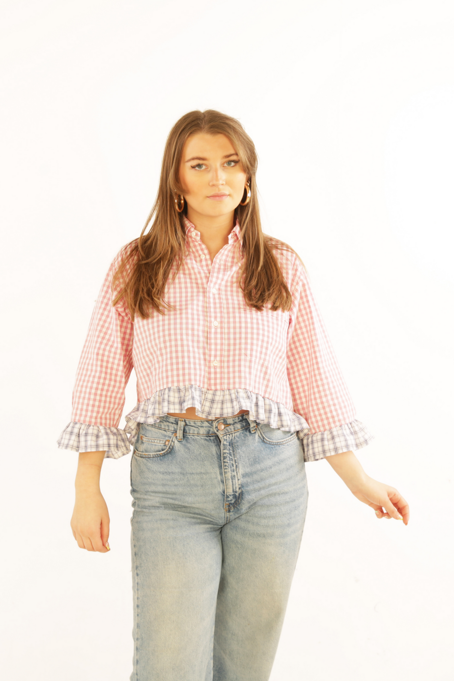 Red and White Micro Check Shirt with Blue Check Frill