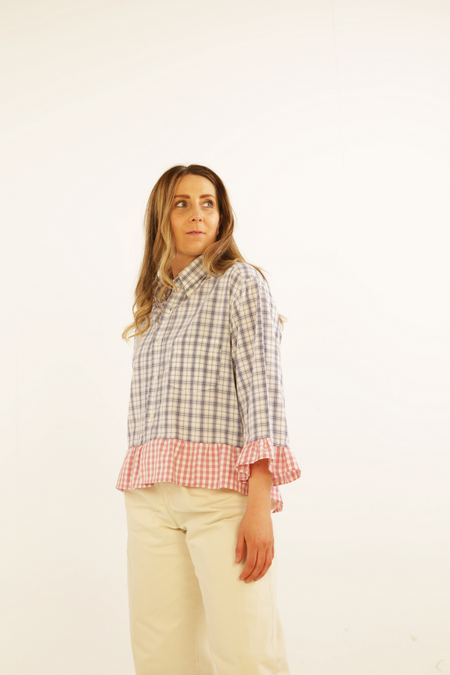 White and Blue Micro Check Shirt with Contrast