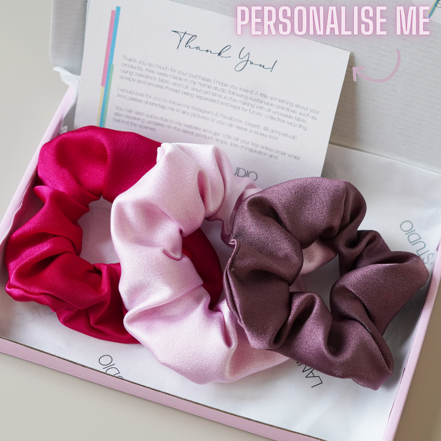 Fuchsia, Pink and Purple Satin collection in pink gift box, branded tissue paper and personalised note with neon text.