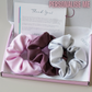 Pink, purple and Silver Satin scrunchies in pink gift box with branded tissue paper and personalised note with neon text.  