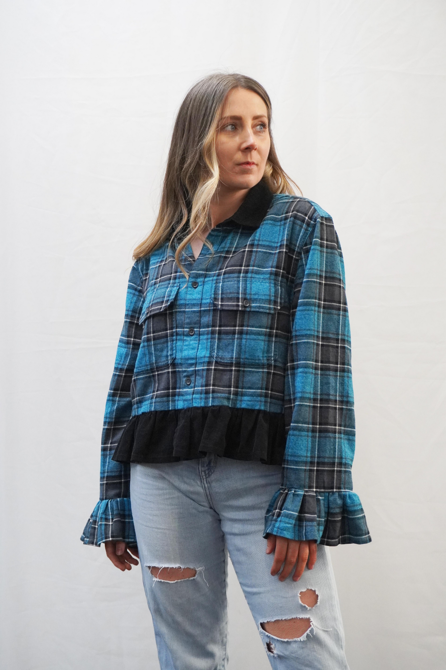 Teal Check with Black Ruffle Overshirt