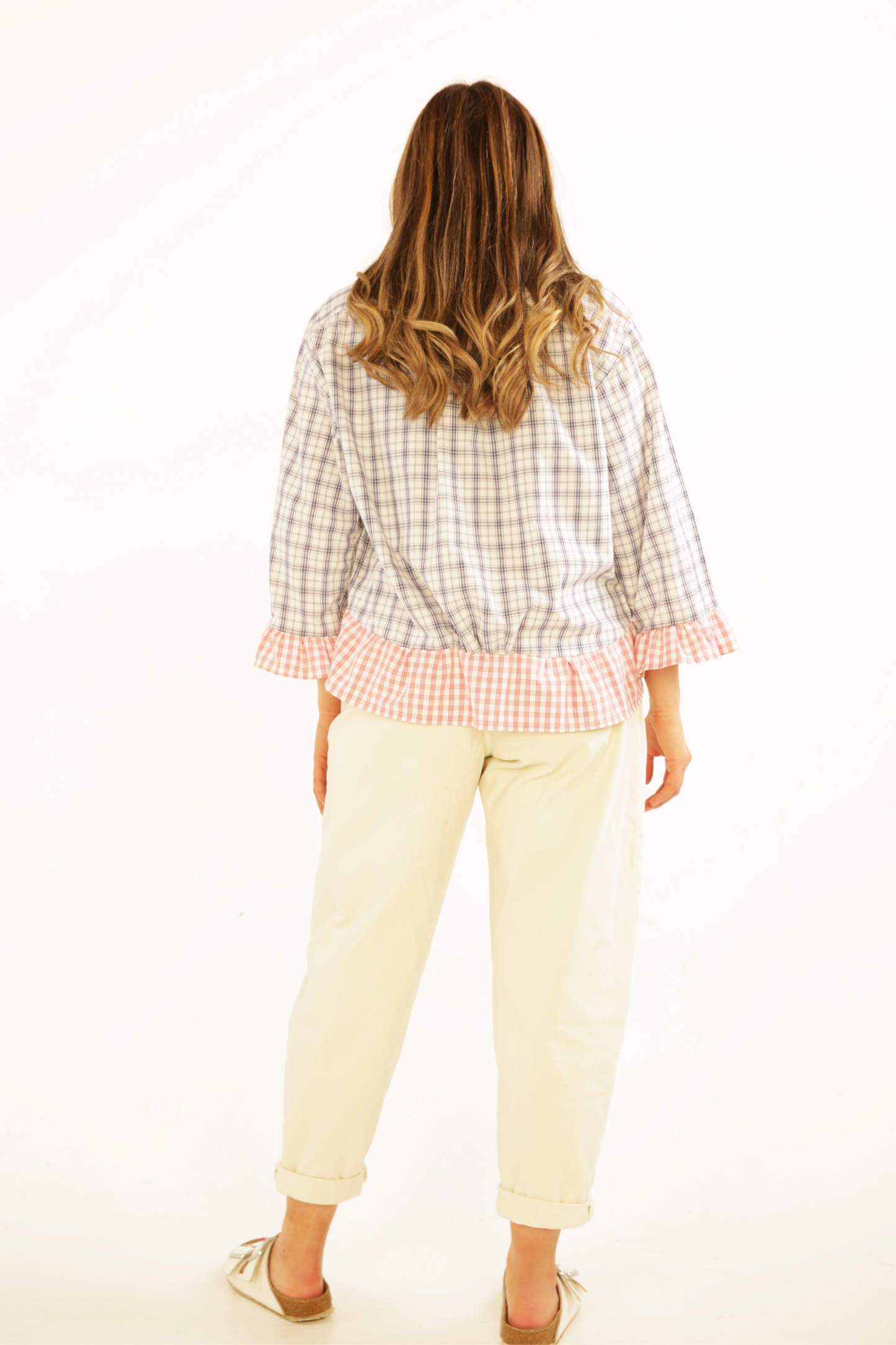 White and Blue Micro Check Shirt with Contrast