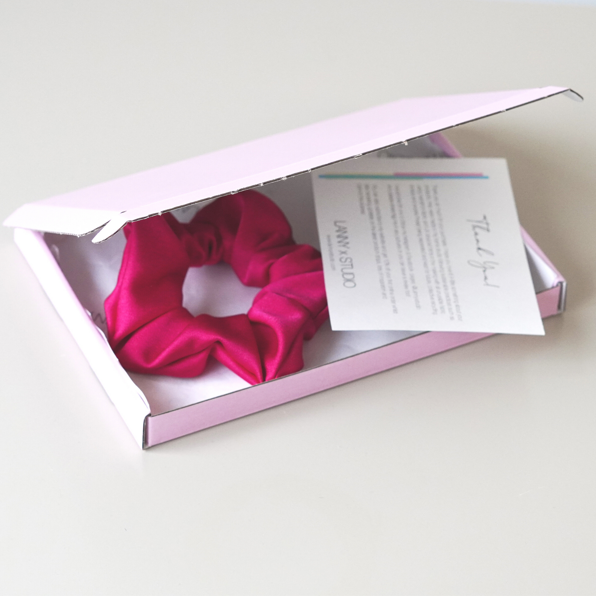 Pink gift box with Fuchsia satin scrunchie
