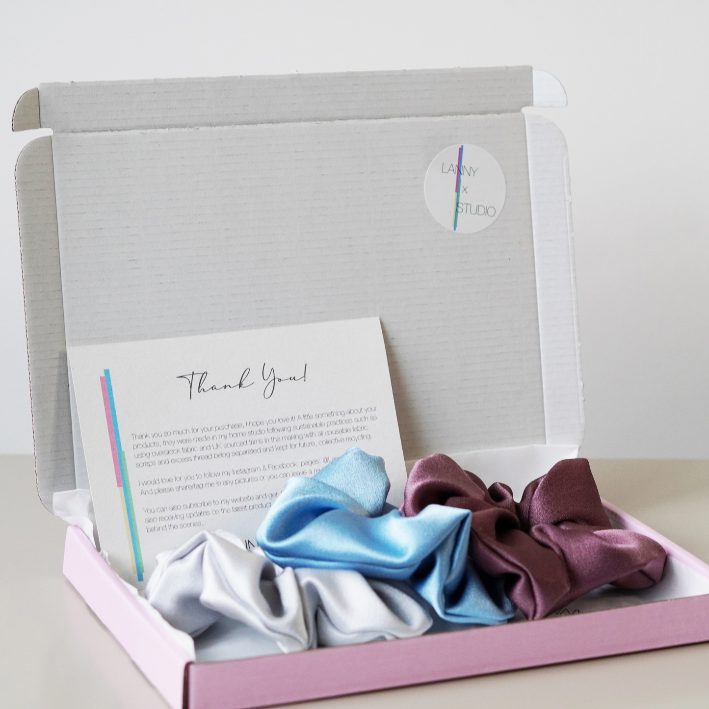 Silver, Blue and Purple Satin scrunchies, set of 3 in pink gift box with branded tissue paper and personalised note.