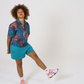 Digitally printed cotton womens shirt in bright teal and orange leaf print and revere collar details. Paired with our teal Jersey shorts and styles with Bright trainers and socks. 