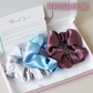 Silver, Blue and Purple Satin scrunchies, set of 3 in pink gift box with branded tissue paper and personalised note with neon text. 