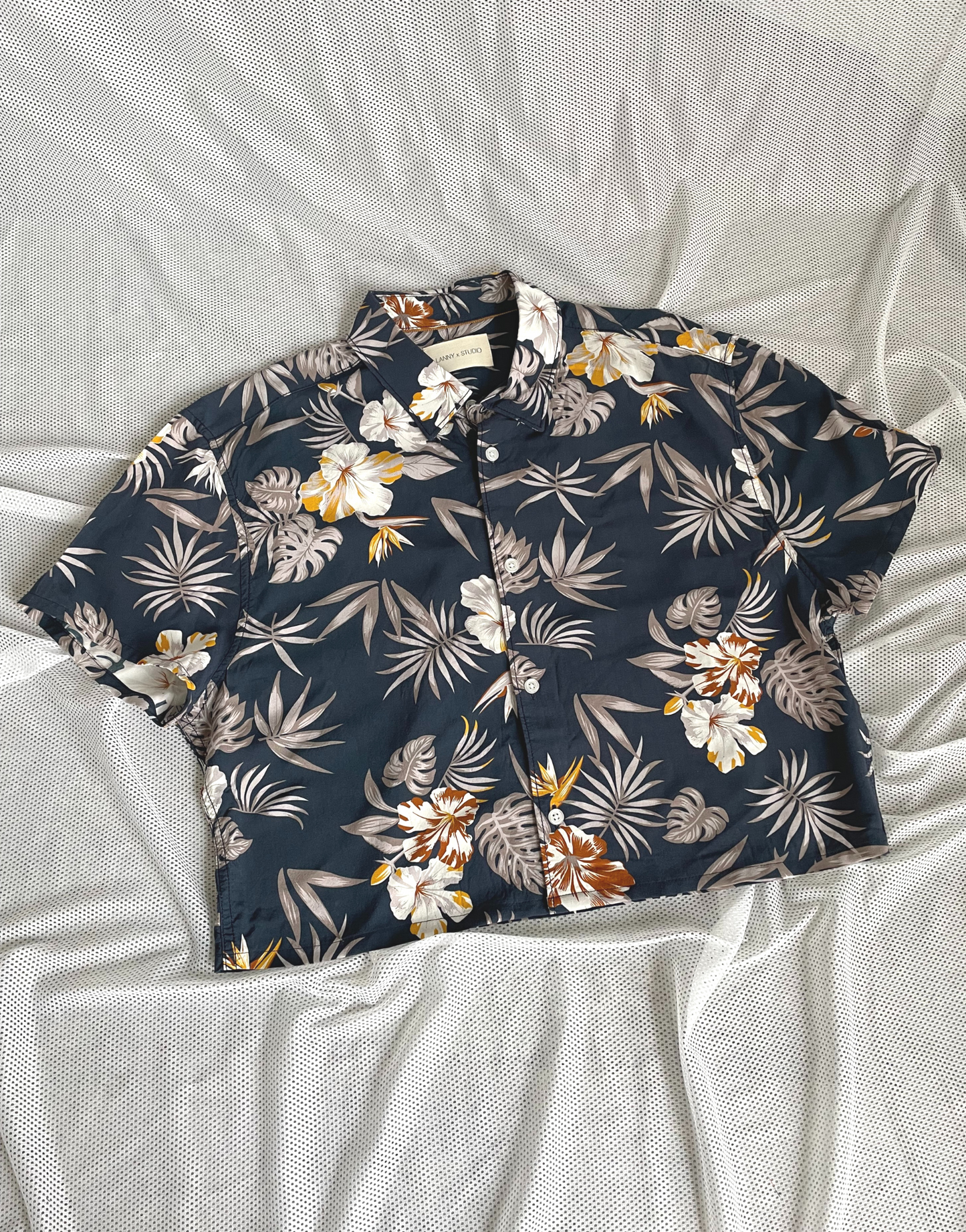 Upcycled Navy Floral Cropped Shirt