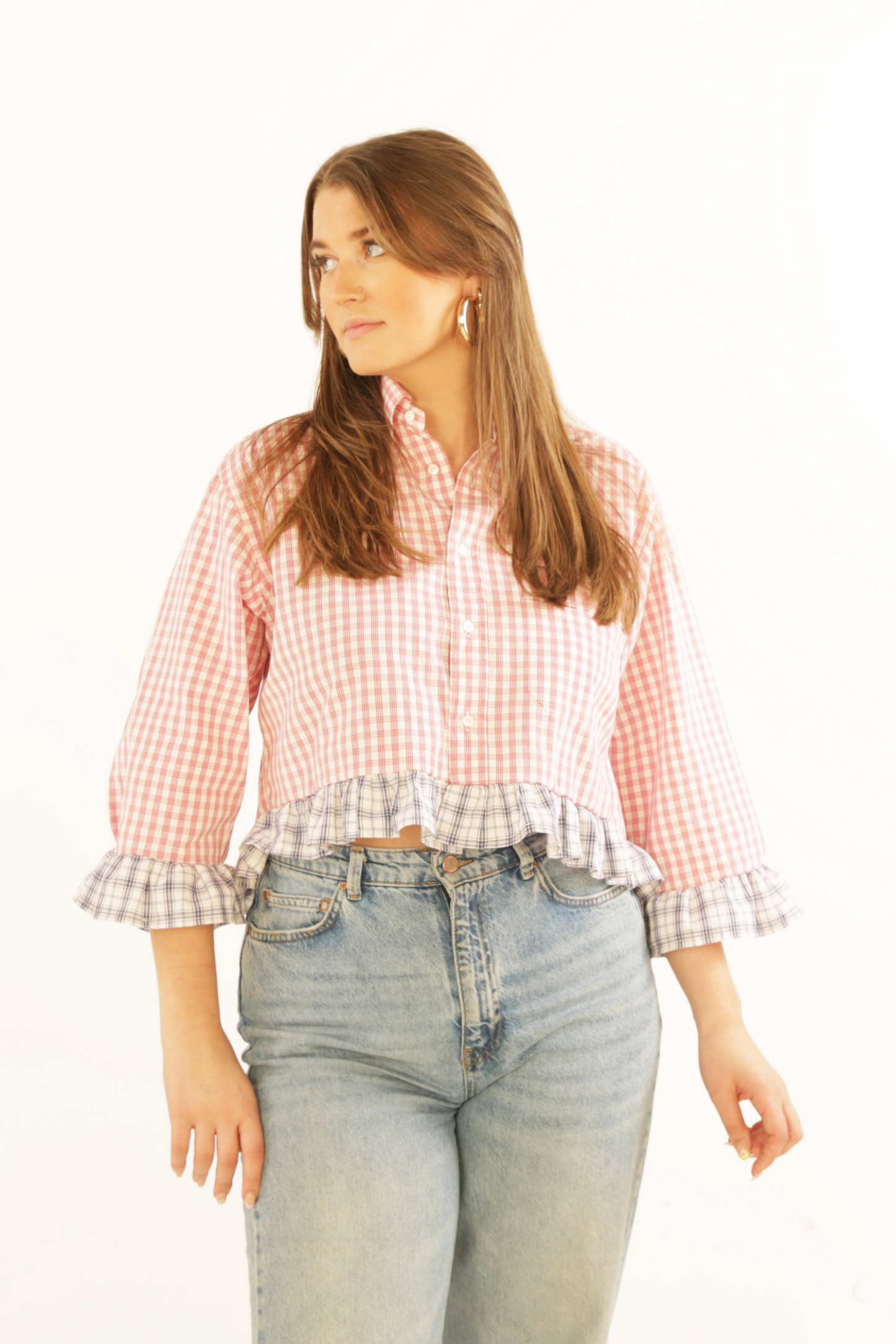 Red and White Micro Check Shirt with Blue Check Frill